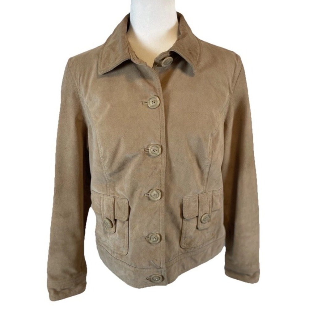 Cherokee Suede Y2K Genuine Leather Jacket  Women's Size L Khaki Tan Button‎ Down